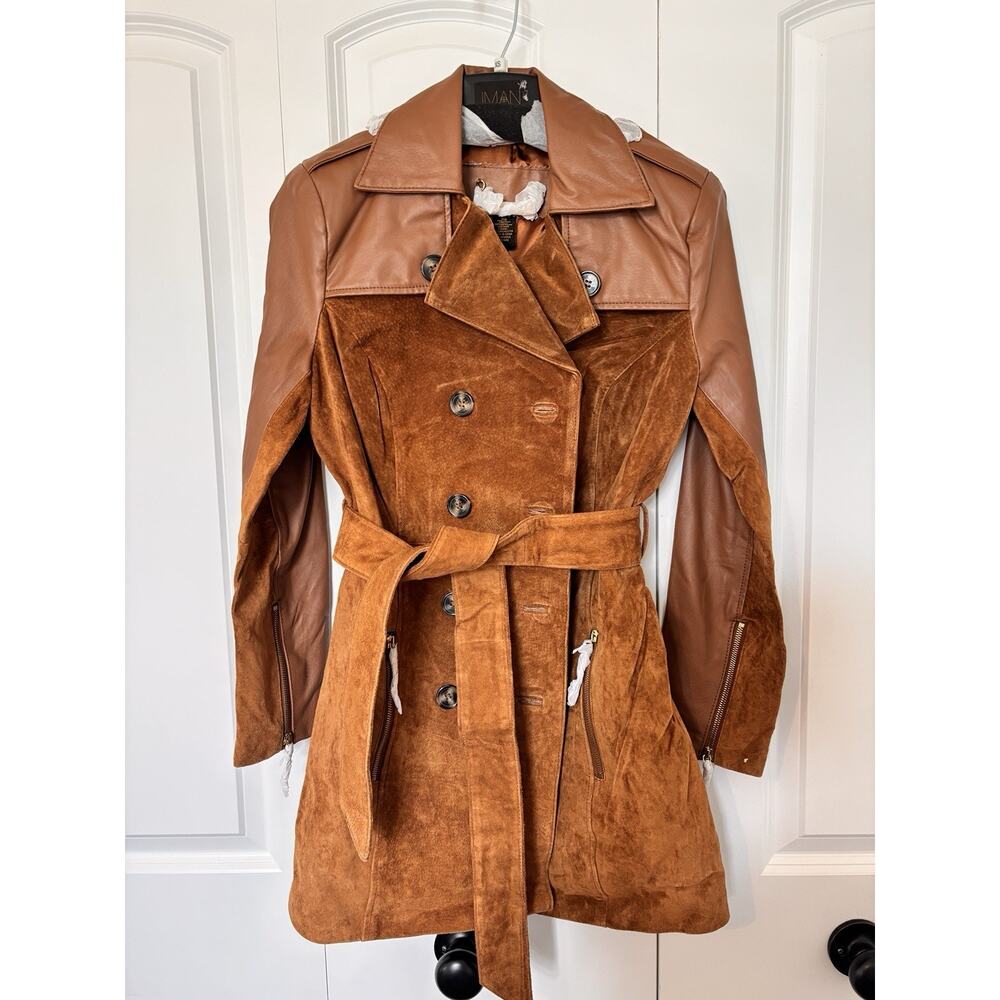 IMAN Global Chic Suede Leather Trench Belt 70s Retro Boho Coat Double Breast XS - Picture 2 of 13